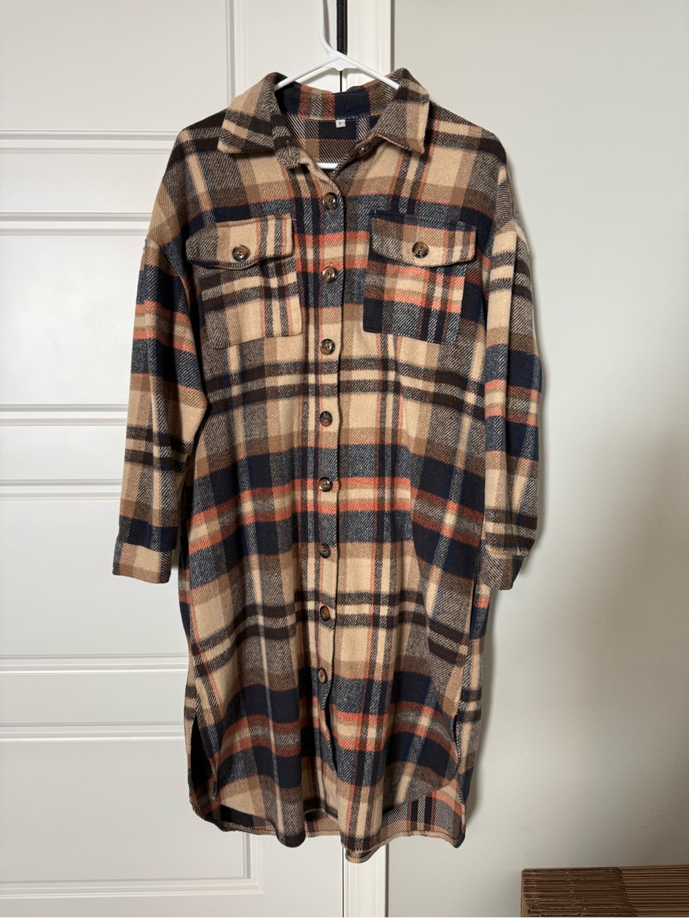 Amazon Beige Navy Rust Plaid Button-Front Shacket